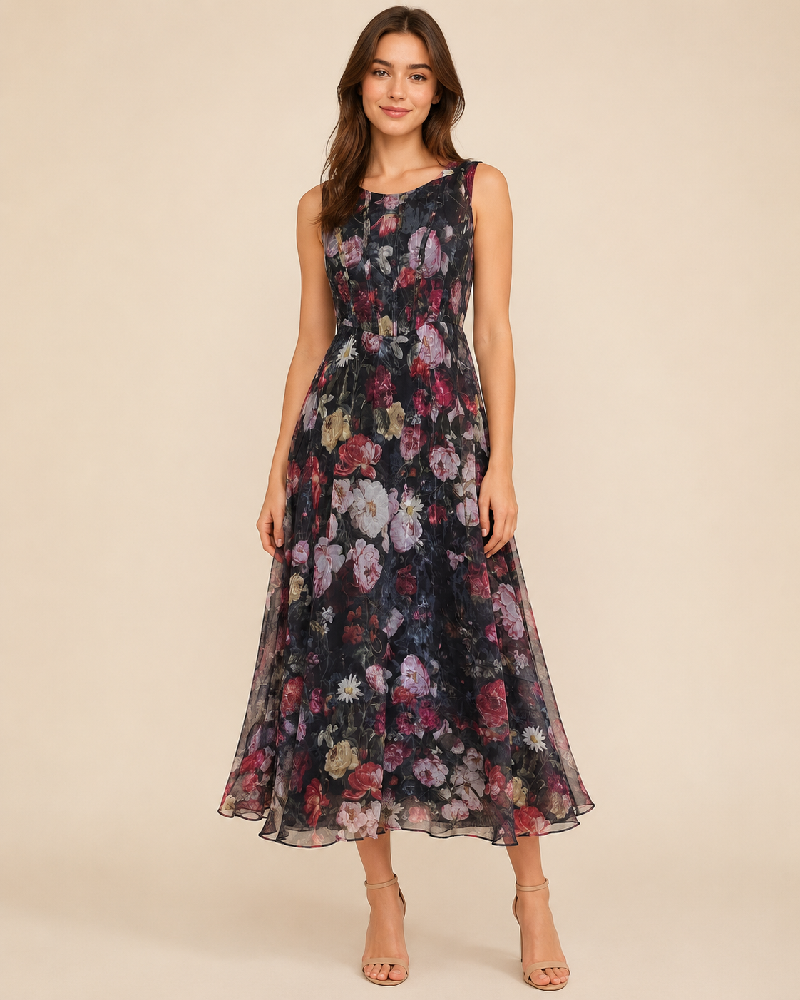 Black Floral Chiffon Midi Dress